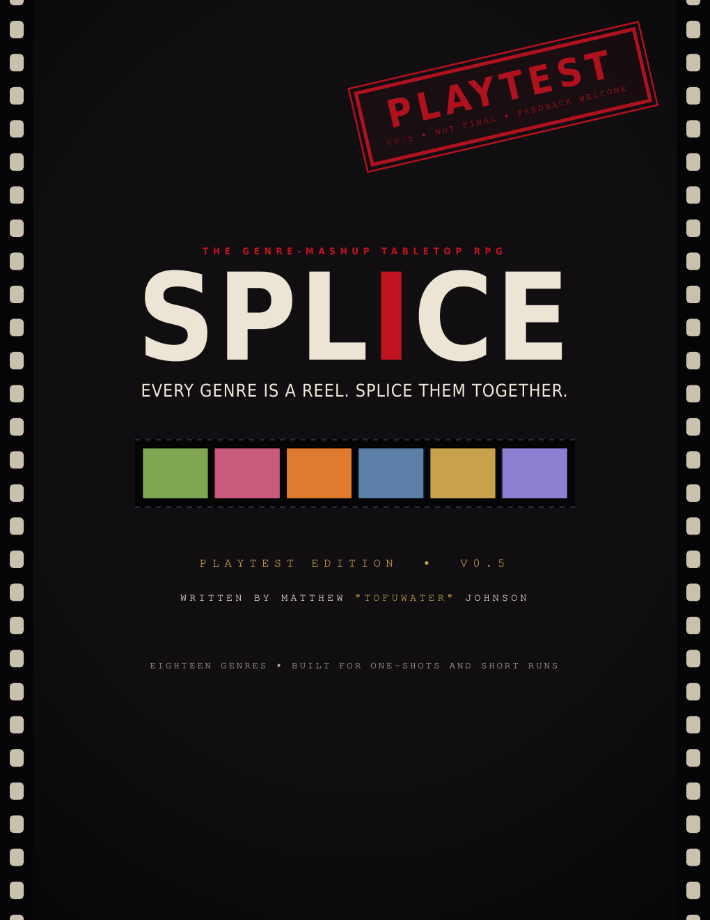 SPLICE playtest rulebook cover — a dark film strip with the SPLICE wordmark and six colored genre frames